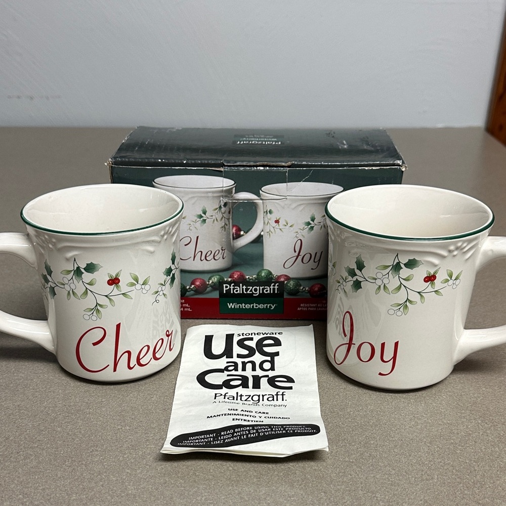 Pfaltzgraff Winterberry Mugs - White with Red and Green Accents